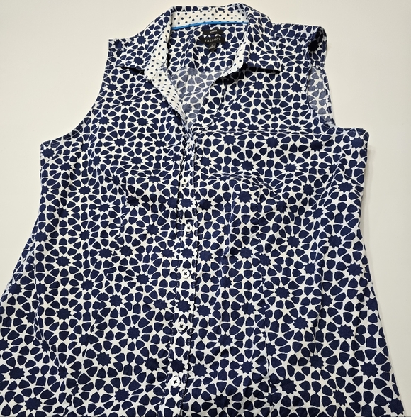 Talbots Tops - Talbots Navy and White Sleeveless Button-Front Geometric Print Shirt